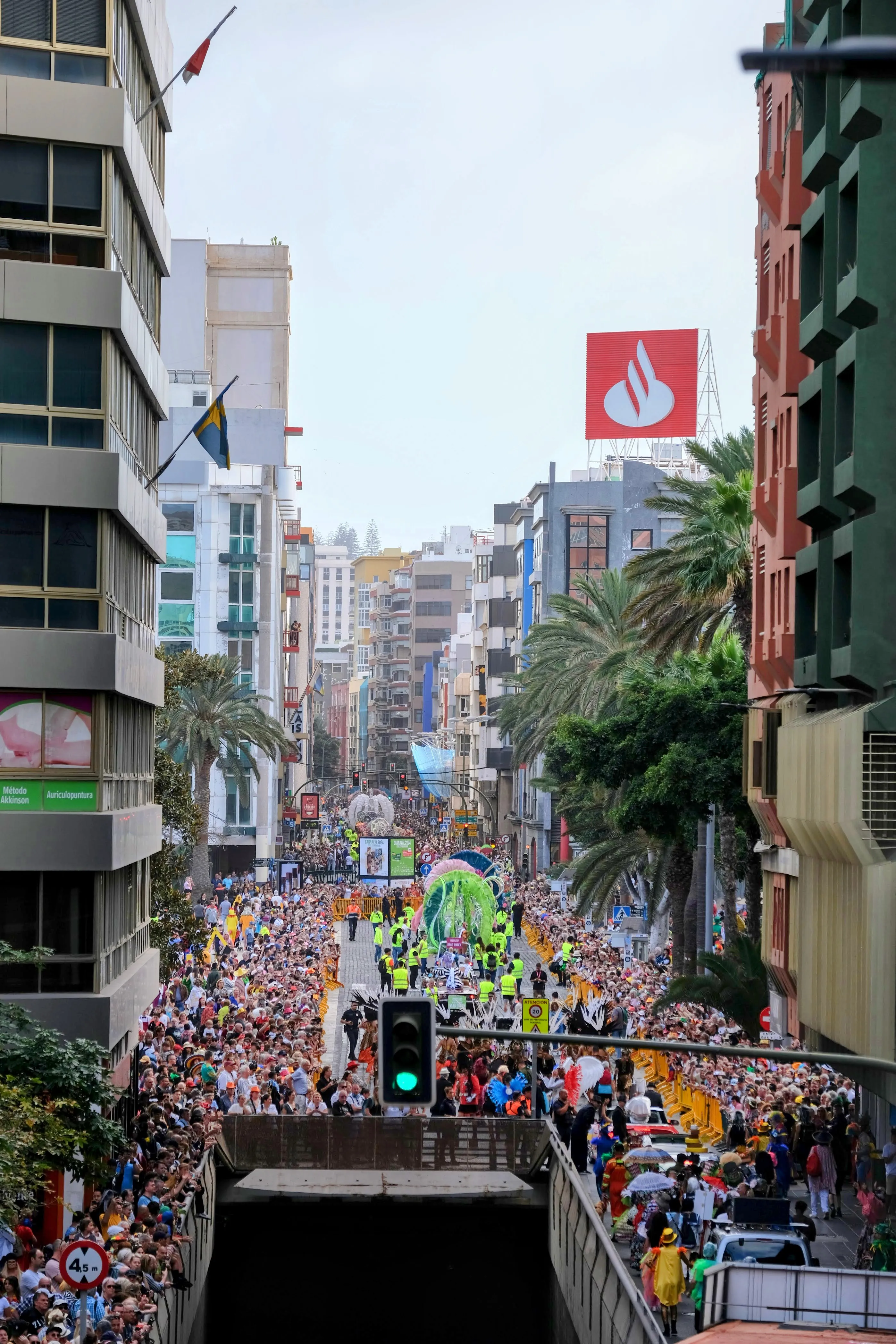 View down a street in Las Palmas de Gran Canaria crammed with people in colorful costumes celebrating and watching the carnival parade.